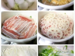 日式火锅,火锅最底部放白菜帮，中间一层层码放你喜欢的蔬菜和肉类，大葱也要码放进去哦，顺序也没什么特别，你喜欢就好，最上层码上白菜叶子