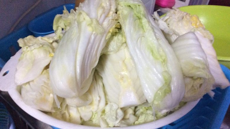 韩国辣白菜,把腌好的白菜捞出冲水，放筛子里控水。