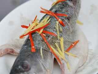 #年夜饭#清蒸鲈鱼,葱切段，小米椒去籽切丝，姜切丝。姜丝一半铺在鱼盘上，另一半和小米椒铺在鱼身上。