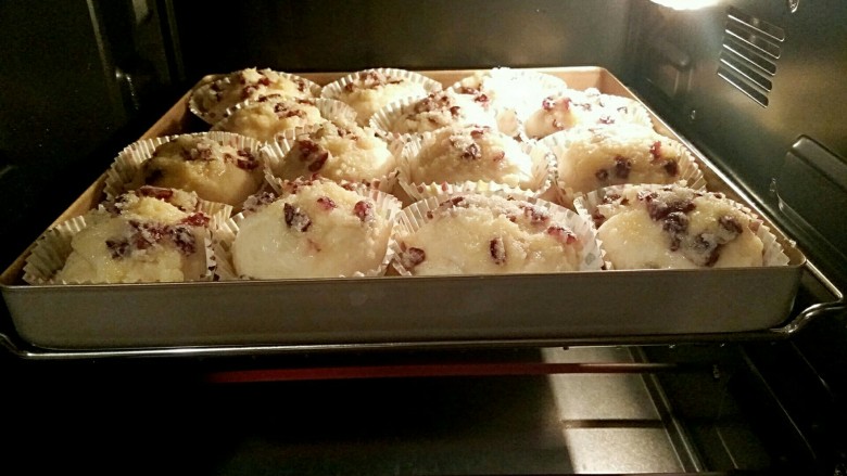 椰蓉蔓越莓面包,放进烤箱中层，上下火180℃，烤15分钟。