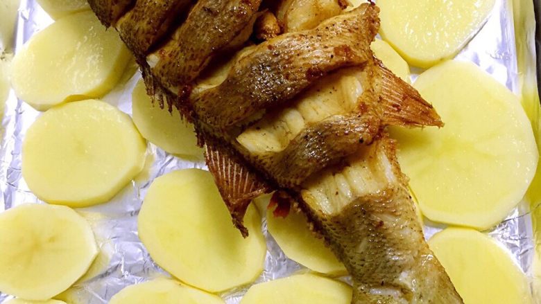 烤鲈鱼,炸过的鲈鱼放在烤盘的土豆片上，烤箱200度先预热五分钟