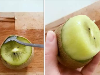 宝宝辅食：水果小圆子-36M ,将猕猴桃两端切除，小勺子插进去转一圈，果肉脱落，切小丁备用。