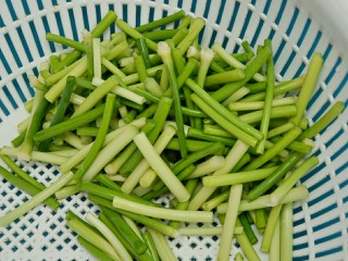 蒜苔肉丝#春意绿#,蒜苔去除老根，用手摘成3公分左右的段。