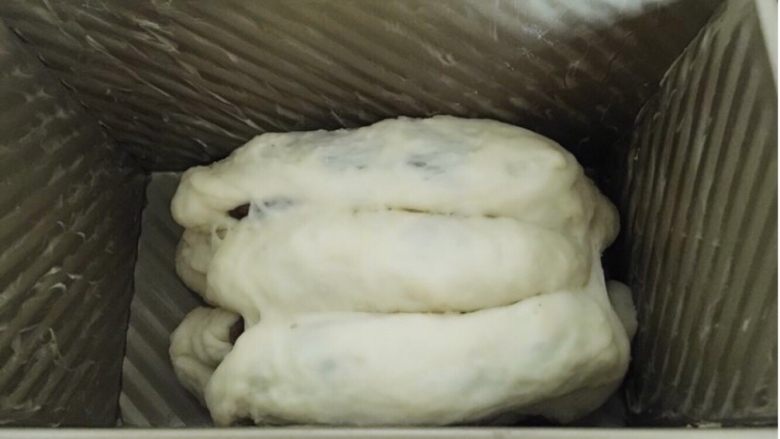 中种豹纹吐司,吐司模内壁涂黄油，排入包好的面团，按3、2、3的三层摆放。