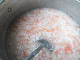 胡萝卜鳕鱼粥,熬制一会，加入食盐，根据个人口味加