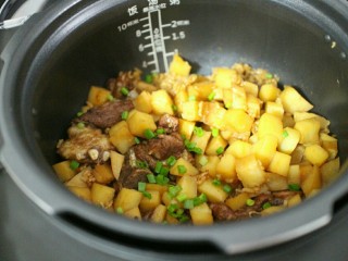 排骨土豆焖饭,饭煮好后，我们在按一下快速泄压键，这样可以减少泄压时。煮好的饭 我们在撒上葱花  焖个几分钟！