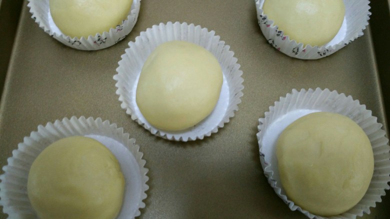 北海道巨蛋面包,然后滚成圆球状，其他面团也都这样做好，放面包纸模里，温暖处进行二发