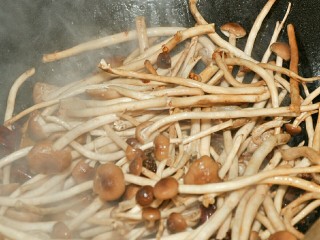 干锅茶树菇,放入茶树菇翻炒片刻。