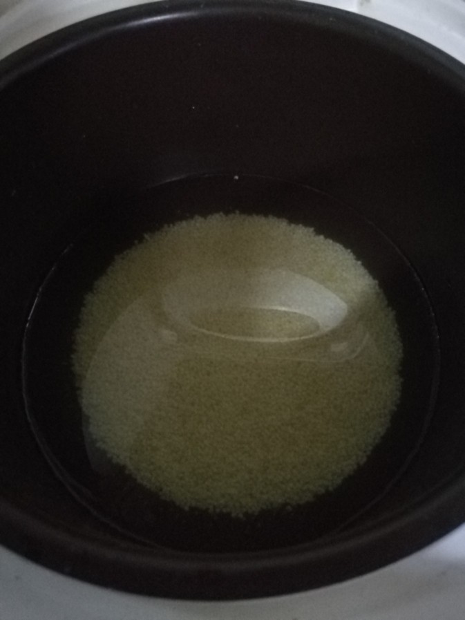 海参小米粥,把小米倒入电饭煲，并放入适量清水。