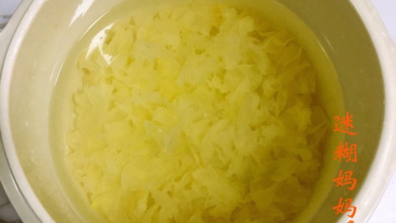 桃胶皂角米炖银耳,将银耳撕成小碎片，砂锅中放入足量的清水