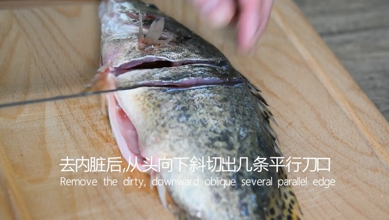 鲜上加鲜的做法——清蒸桂鱼,去内脏后，从头向下斜切出几条平行的刀口，只切单面