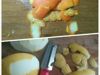 蜂蜜柚子茶,把柚子皮洗干净，用削皮刀削面上薄薄一层，柚子皮味苦，我只用了半个柚子皮，再削了一个脐橙皮。
