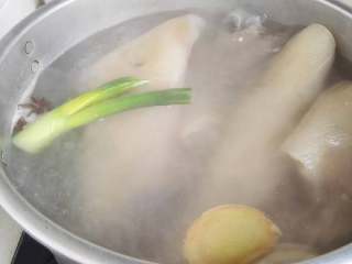 灌汤包,肉皮先焯水以后放大茴、葱段、姜片水熬制