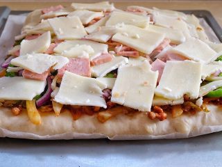 健康低脂 绵软拉丝厚底披萨,再铺一层马苏里拉芝士，放入烤箱160℃烤20分钟