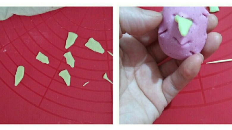 迷你火龙果,绿色面团加工成一个个的小三角，插入红色面团的剪刀口里，用牙签修正一下
