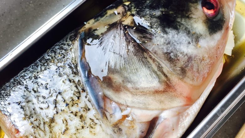 双椒鱼头,用调料涂抹，腌制鱼头