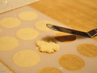 好吃到停不下嘴的椰子脆片,将瓦片模具放在油布（油纸）上，用“L”抹刀取适量的面糊填充到模具中，用抹刀抹平。