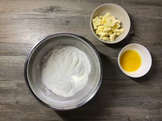 肉桂苹果派,先制作派皮：低筋粉加糖粉和盐过筛后入容器，黄油切成小丁软化。