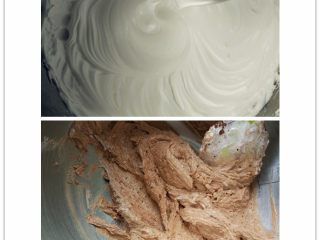 巧克力磅蛋糕,打发至介于湿性发泡和干性发泡中间的状态，取1/3蛋白加入蛋黄糊，用刮刀切拌均匀，筛入粉类，翻拌拌匀