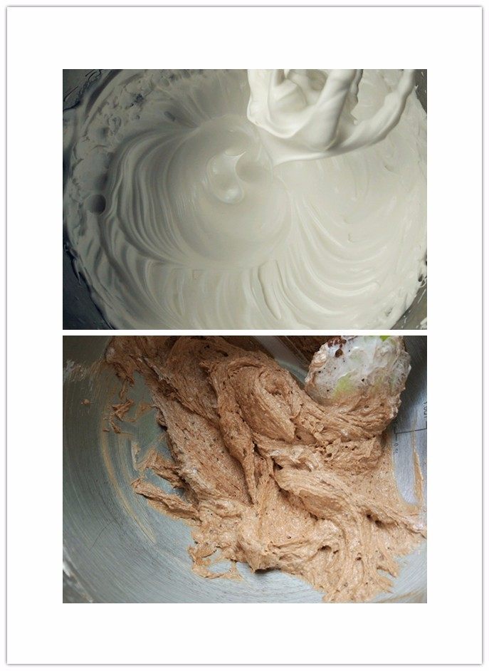 巧克力磅蛋糕,打发至介于湿性发泡和干性发泡中间的状态，取1/3蛋白加入蛋黄糊，用刮刀切拌均匀，筛入粉类，翻拌拌匀