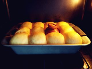 维尼熊跳跳虎挤挤小面包, 发酵到1.5倍大小后，入预热好的烤箱中层，上下火135度烤15分钟左右
