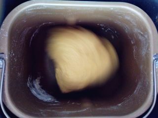 维尼熊跳跳虎挤挤小面包,将牛奶、淡奶油、酵母粉、高筋粉、糖、盐、全蛋液、玉米油依次倒入面包桶内，启动甜面包程序，进行和面