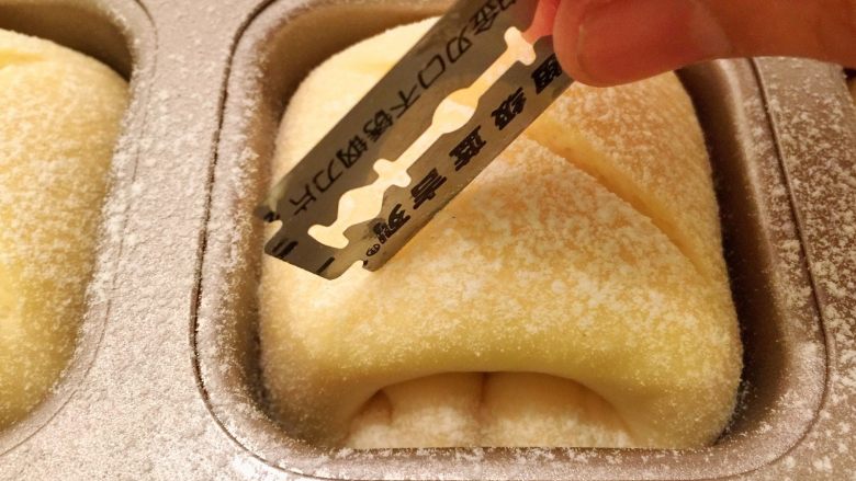 奶酪小餐包,烤箱预热180度，准备少许面粉（配方外），均匀地筛在面包上，取一刀片切个＂X＂字母