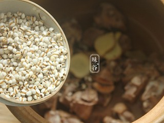 冬瓜薏米老鸭汤,将鸭肉、陈皮、薏米和连同姜片一起放入汤煲内；
