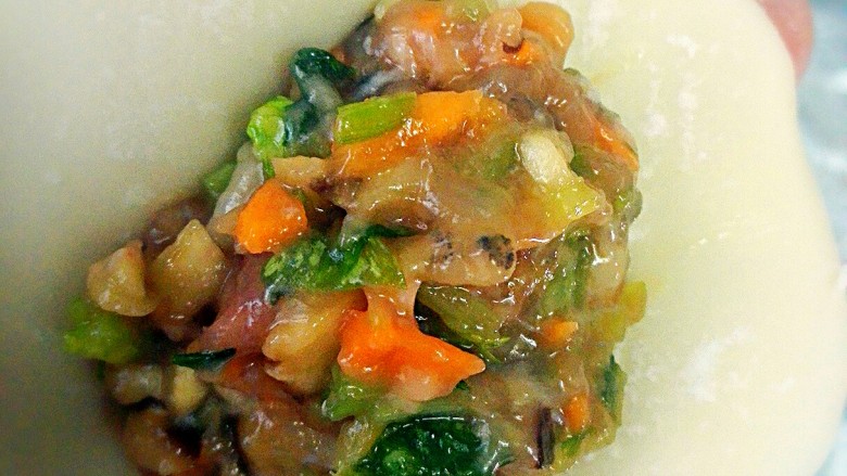 芹菜虾仁猪肉水饺+#人民的美食#,取一块饺子皮，放上馅