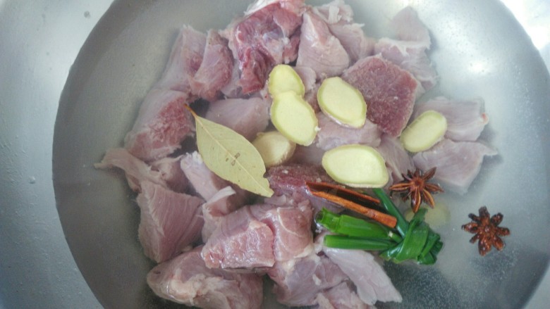 炒锅版猪肉松,锅中放水，放入猪肉以及其余材料。大火煮。