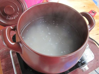皮蛋瘦肉粥,把米饭倒入砂锅中，用勺子搅拌盖上锅盖大火煮十分钟。