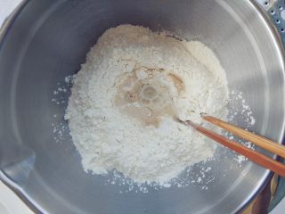 阳光麦田创意面食,高筋粉倒入面盆中，在中间挖一个坑，倒入酵母粉后，逐次少量倒入冷水，用筷子拌成雪花状