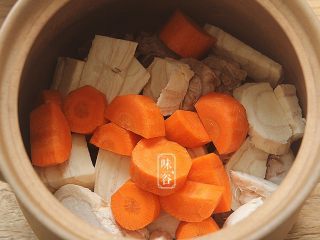 马蹄粉葛胡萝卜汤,将所有材料连同姜片一起放入汤煲内；