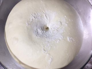 咸蛋黄肉松麻薯面包,面团发酵完成，取出擀压排气、松弛。