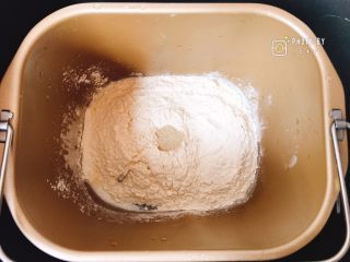 西班牙香肠披萨（快手版）,将纯牛奶、盐、细砂糖、鸡蛋、黄油、面包粉、干酵母依次放入面包机桶内，和面20分钟。