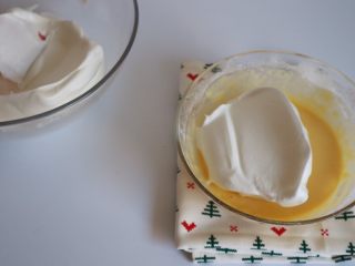 豆乳盒子,分两次混合面糊，先将1/3的蛋白霜加入蛋黄糊中，翻拌均匀