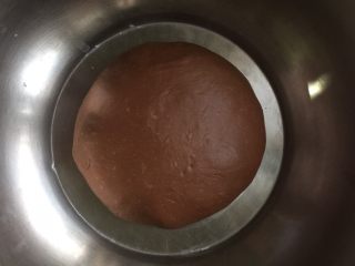 法式巧克力布里欧修,揉好的面团放在盆里盖上保鲜膜，放在烤箱中下层发酵，最下层放盛水的烤盘，60度发酵档70分钟左右，面团发到之前两倍大