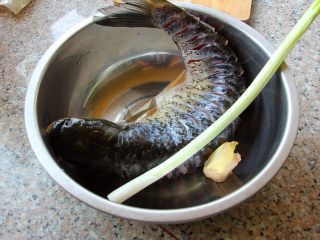 香辣烤鱼,在鱼身和鱼肚子里抹上盐，加葱、酱、料酒腌制半小时。