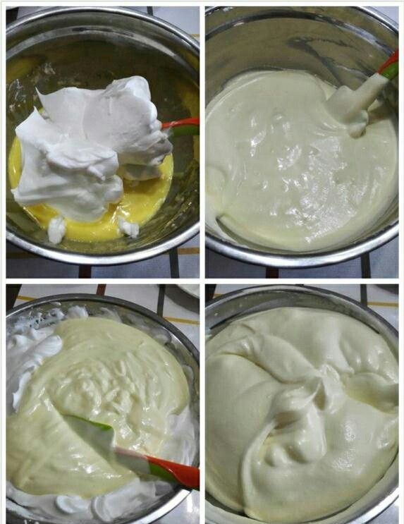 八寸萨瓦林戚风蛋糕,取1/3的蛋白到蛋黄糊里面，记得是切拌哦！然后将剩下的蛋黄糊全部倒入到蛋白里面进行切拌。