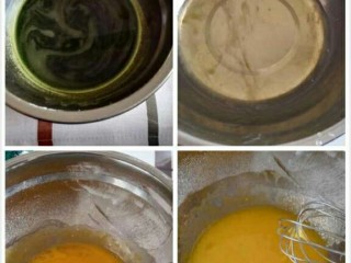 菠菜戚风蛋糕,烤箱150度预热10分钟，分离蛋白和蛋黄，盆子里面放入玉米油，蛋黄搅拌好。