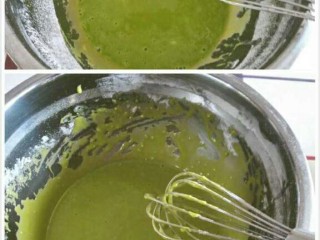菠菜戚风蛋糕,放入菠菜汁搅拌好，然后再放入低粉和盐，采用Z字形搅拌到无颗粒状态。