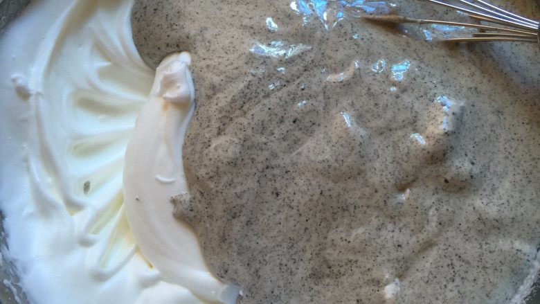 惊呆了龙猫蛋糕,剩余的2/3蛋白中加入蛋糕糊，用手抽搅拌均匀