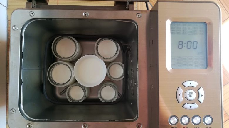 芒果酸奶（奶粉版）,布丁瓶移到面包机里（面包桶取出来），选择酸奶程序发酵8小时