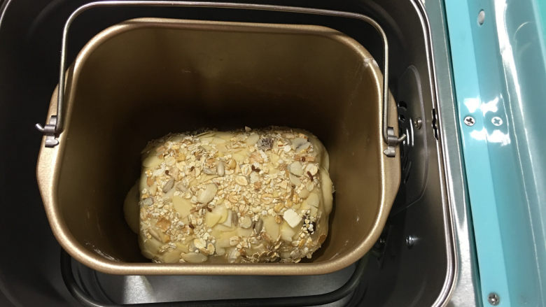 面包机版果干燕麦吐司,放入面包机内，使用发酵菜单进行二次发酵。时间为1个小时左右。