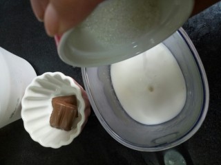 巧克力冰淇淋,我的牛奶是用奶粉泡的，所以是热的，直接把一半的糖倒入牛奶中，搅拌痣融化（如果是常温牛奶，需要加热，加入白砂糖搅拌至融化）
