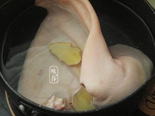下酒小菜~凉拌猪耳,猪耳朵洗干净，除去杂毛后，冷水下锅，放入姜片；
