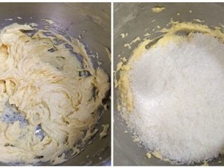 超软椰蓉面包,每一次搅打均匀再加入下一次鸡蛋液的量，接着加入60克的椰蓉，用刮刀拌匀。