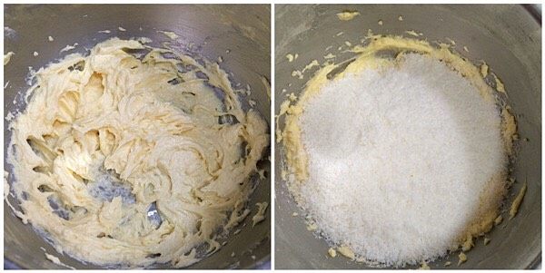 超软椰蓉面包,每一次搅打均匀再加入下一次鸡蛋液的量，接着加入60克的椰蓉，用刮刀拌匀。