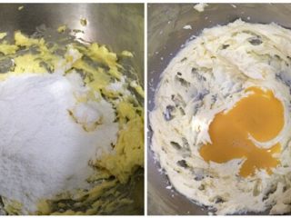 超软椰蓉面包,趁面团发酵的时间可以制作椰蓉馅。黄油切块软化，加入30克糖粉，搅打至颜色变浅，体积变大。分三次加入30克的鸡蛋液搅打。
