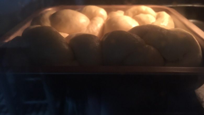 淡奶油老式面包,全部绕好后放入烤箱，开发酵功能进行二次发酵，发到两倍大